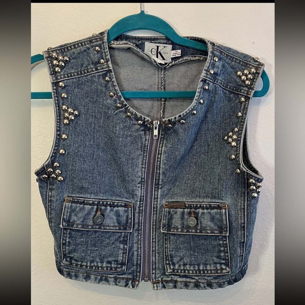 Vintage Calvin Klein Women Medium Denim Vest Studded Size S/M Stonewashed Zipper
